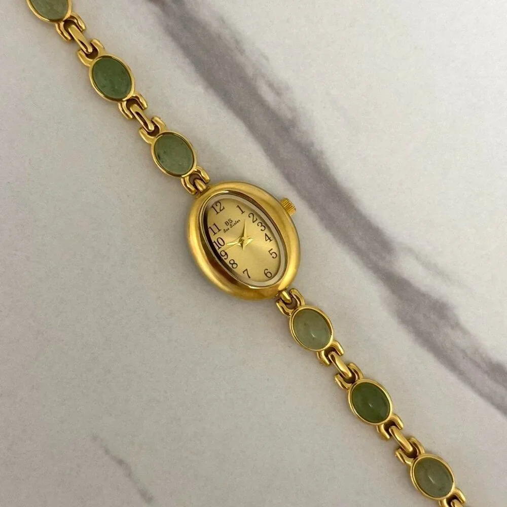 Sku0446 Retro Gold Green Gemstones Women Casual Oval Bracelet Watch + gift bag‎